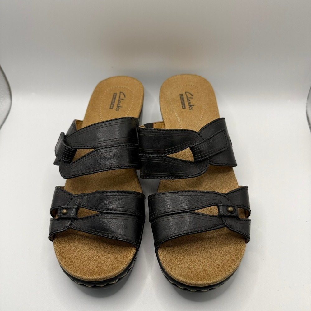 Clarks Collection Leisa Vine Black Leather Slide Sandals Womens 7 M 26107414